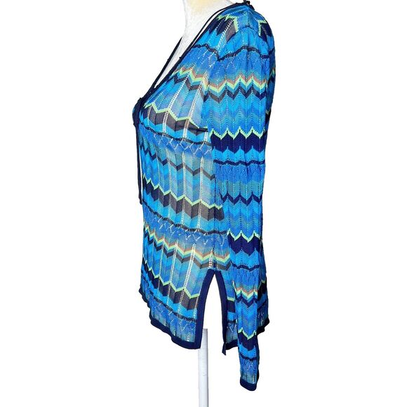 Sigrid Olsen Blue Multicolored Chevron Open Knit Top Sz S Scoop Neck w Accents - Picture 5 of 9